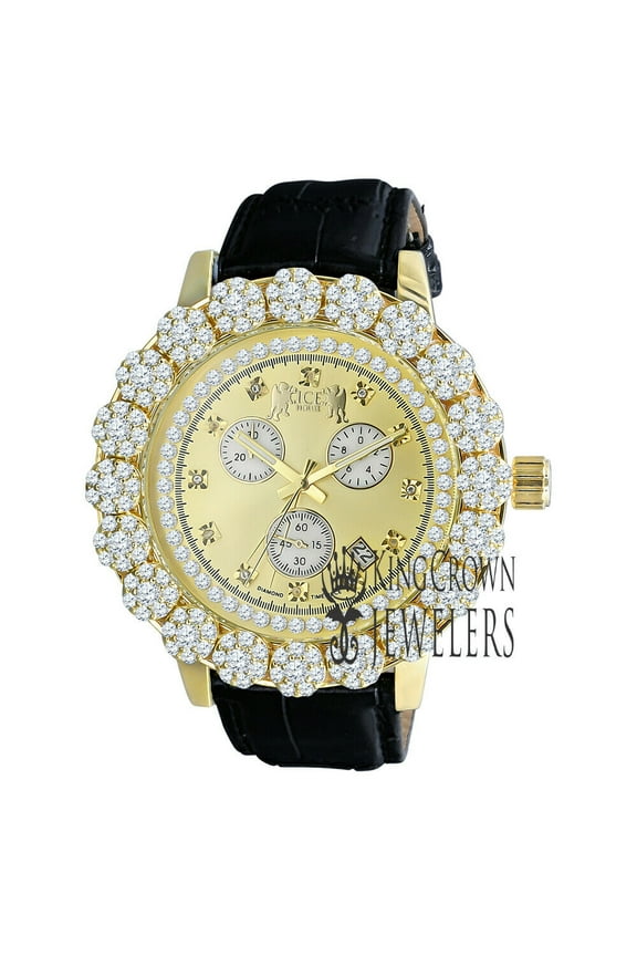 Custom Flower Bezel Mens Yellow Gold Tone Watch Khronos Real Diamonds Dial Genuine Leather Band Strap W/Date