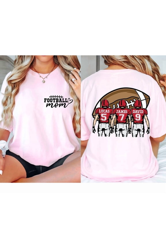 Custom Football Mom Shirt,Personalized Football Name Shirt, Football Jersey Number Tee, Gameday Cheer Mom Shirt, Football Gift for Mom LIGHT PINK