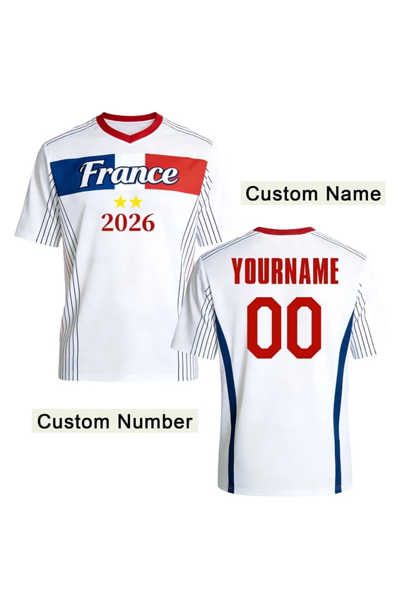 Custom France National Team Football Shirt with Personalized Name & Number – Patriotic V-Neck Soccer Jersey for Matches, Fan Events & Casual Wear – Breathable Athletic Performance Tee (S-XXXXL)