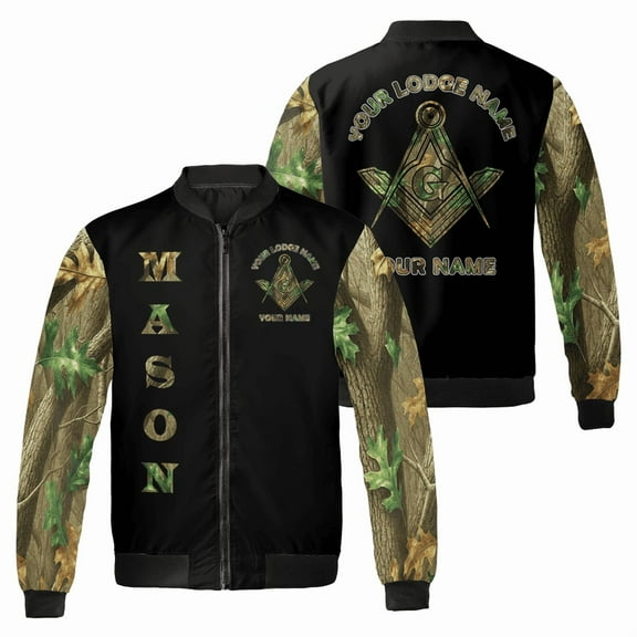 Custom Freemason Bomber Jacket - Personalized Masonic Outerwear with Lodge Name & Your Name - Camouflage Sleeves Jacket