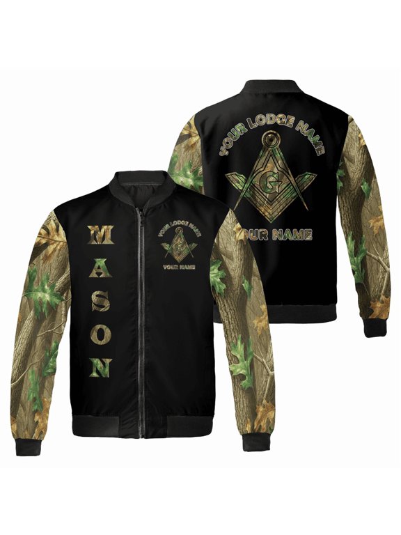 Custom Freemason Bomber Jacket - Personalized Masonic Outerwear with Lodge Name & Your Name - Camouflage Sleeves Jacket