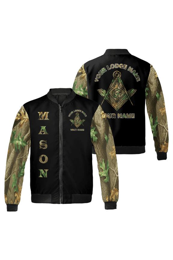 Custom Freemason Bomber Jacket - Personalized Masonic Outerwear with Lodge Name & Your Name - Camouflage Sleeves Jacket