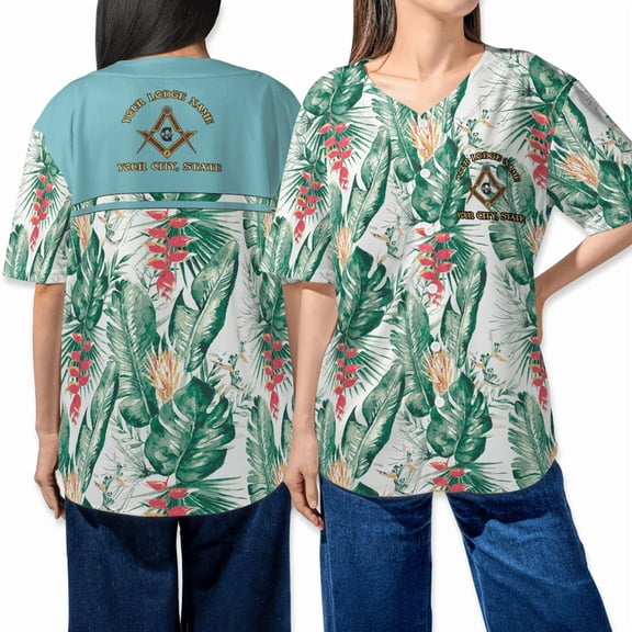 Custom Freemason Tropical Baseball Jersey – Personalized Masonic Shirt with Lodge Name & Location – Aloha Style Freemasonry Sport Fans Jersey