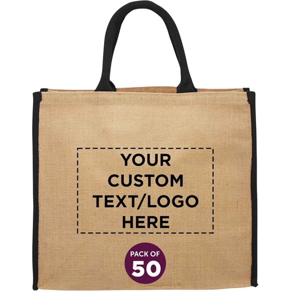 Custom Fresno Eco Friendly Jute Tote Bags Set of 50, Personalized Bulk Pack - Reusable, Great for Tradeshows, Grocery, Shopping and Outdoor Events - Black