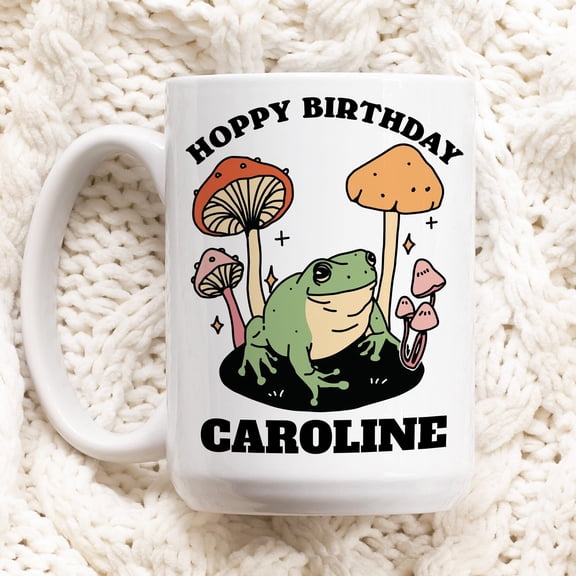 Custom Frog Coffee Mug, Hoppy Birthday Ceramic Cup, Frog Lover Gift, Bday Present, Personalized Happy Birthday Gift Idea, Cute Cottagecore
