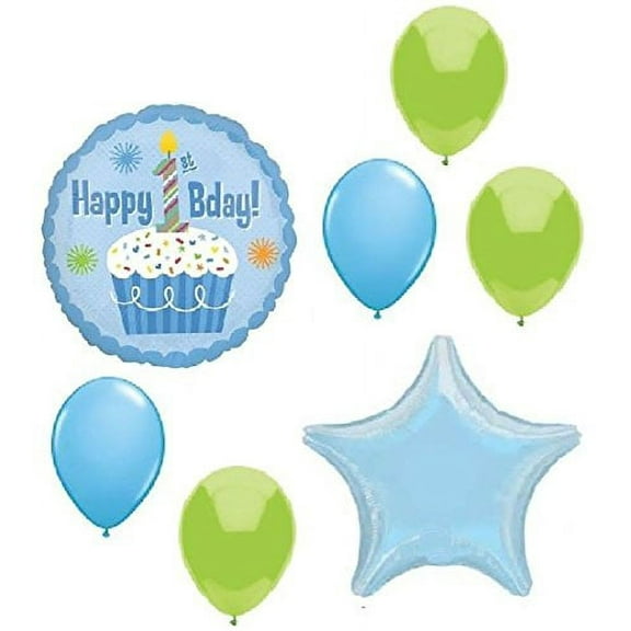 Custom, Fun & Cool {Big Large Size 11"-18" inch} 7 Pack of Helium & Air Inflatable Mylar Foil/Latex Balloons w/ Star & Cupcake 1st Birthday Design [Variety Assorted Multicolor in Blue, Green & White]