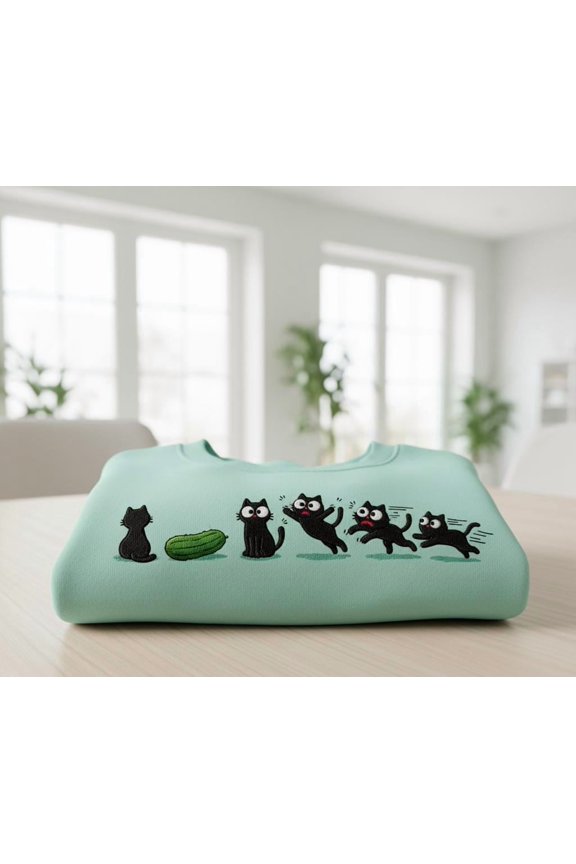 Custom Funny Cat and Cucumber Embroidered Sweatshirt, Cute Scared Kitty Meme Crewneck Gift for Cat Lovers