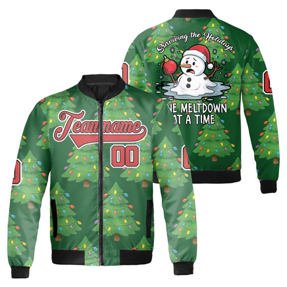 Custom Funny Christmas Bomber Jacket - Melting Snowman "Surviving The Holidays" - Personalized Name & Team Jacket for Men & Women
