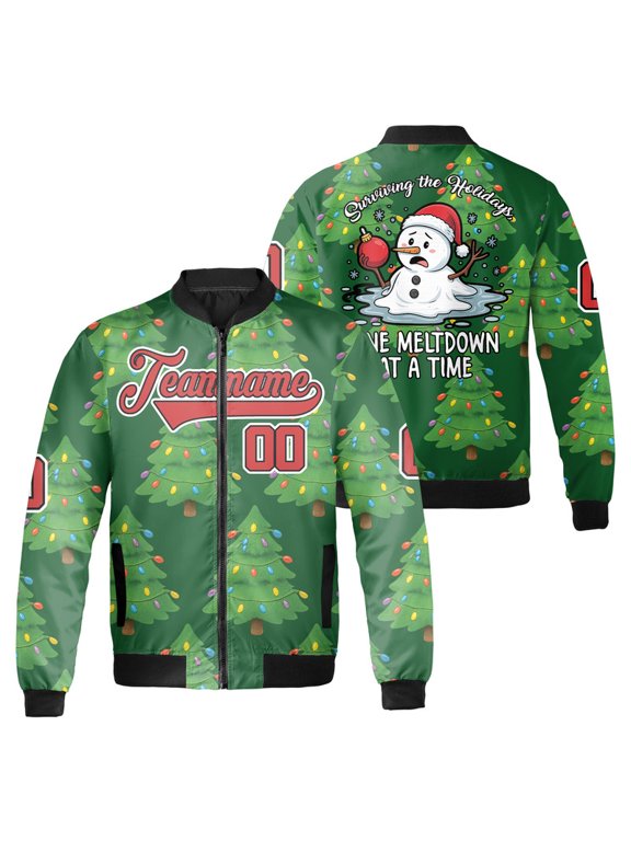 Custom Funny Christmas Bomber Jacket - Melting Snowman "Surviving The Holidays" - Personalized Name & Team Jacket for Men & Women