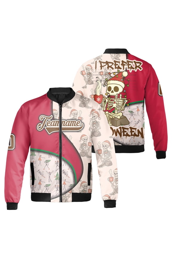 Custom Funny Skeleton Christmas Bomber Jacket – I Prefer Halloween Custom Holiday Jacket – Personalized Winter Coat For Men & Women"