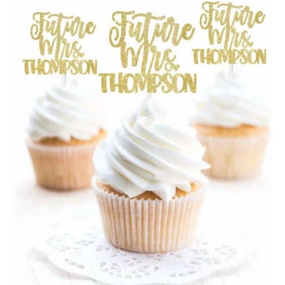 Custom Future Mrs Cupcake Topper, Engaged Gold Glitter Cupcake Topper, Engagement Party Decor, Engagement Cupcake Topper, Engaged 12pcs