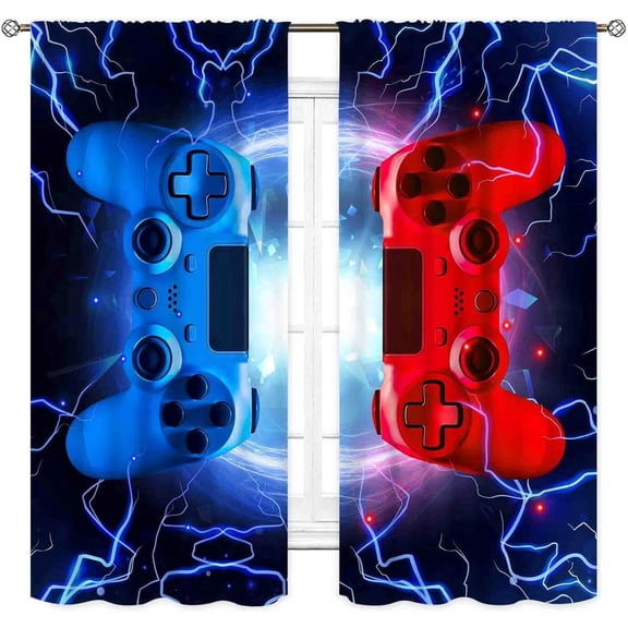 Gaming Curtains for Boys Room, Cooling Blue Red Flash Game Controller Gamer Window Drapes