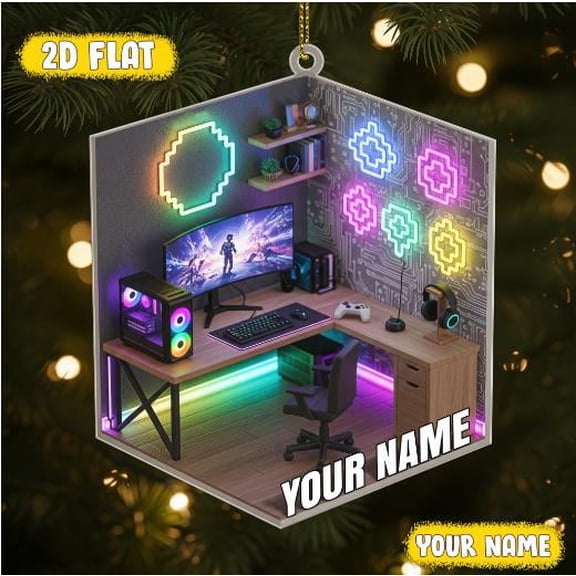 Custom Gaming Setup Ornament with Your Name , Flat Acrylic Xmas Gift for PC Gamer , RGB Computer Desk Holiday Decoration , Gamer Ornament