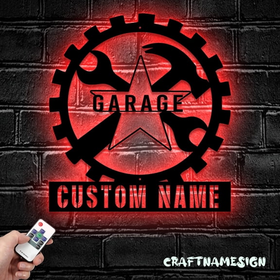 Custom Garage Metal Wall Art LED Light - Personalized Workshop Name Sign Home Decor - - Ideal for Home Decor & Gift