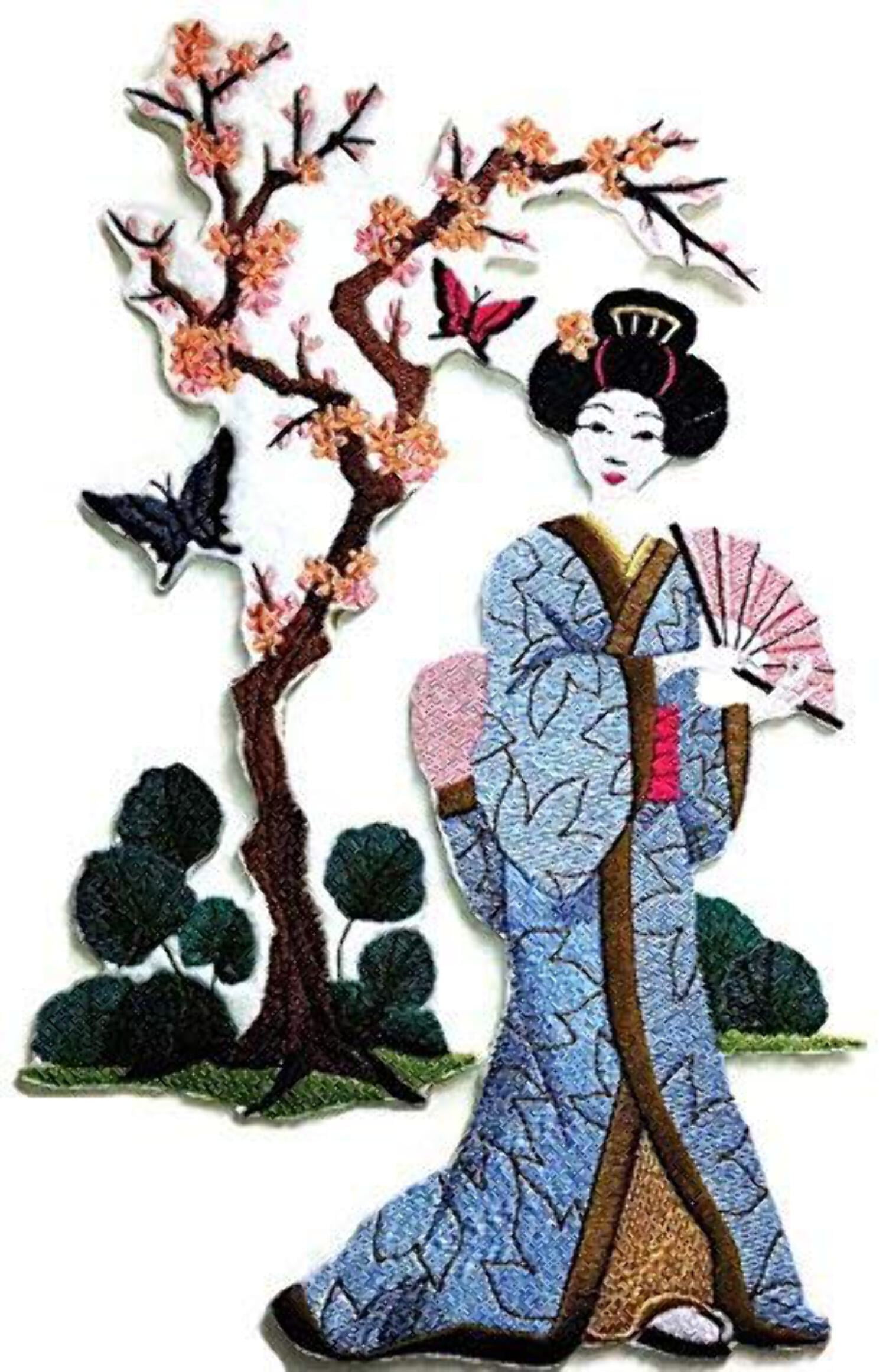 Custom [Geisha and Butterflies] Embroidered Iron On/Sew Patch [11.5" x 6.88"]