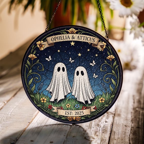 Custom Ghost Couple Suncatcher | Faux Stained Glass Window Hanging | Personalized Spooky Wedding Gift | Gothic Home Decor