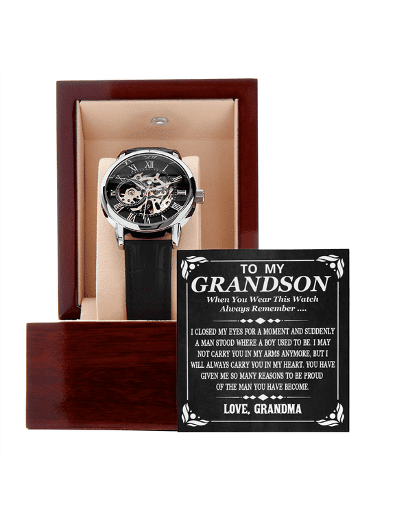 Men's Luxury Watch for Grandson with Black Leather Band, Birthday Gift for Grandson