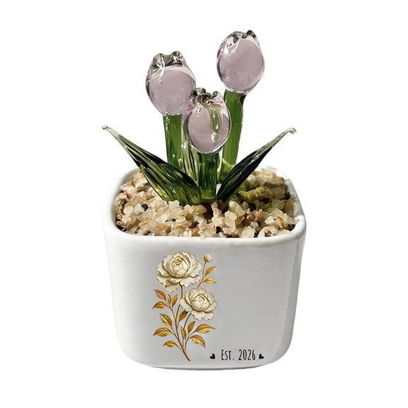 Custom Glass Everlasting Tulips with Text, Hand Blown Glass Potted Flowers, Personalized Mothers Day Flower Pot, Mothers Day Flower Pot, Floral Ornament Ceramic Planter for Mom,Grandma Wife - Pink