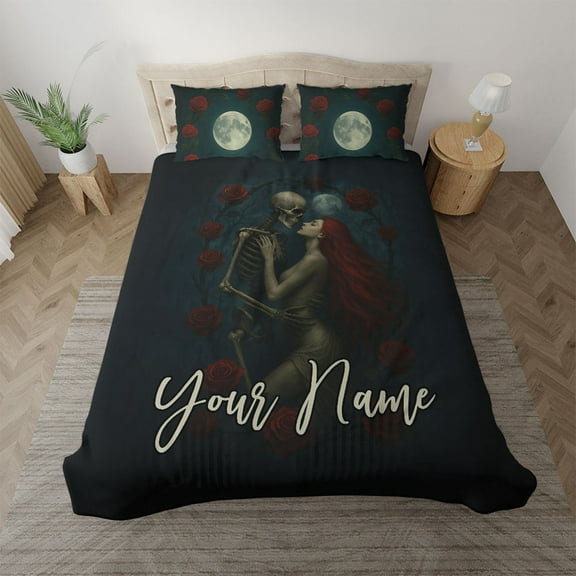 Custom Gothic Skeleton and Red Haired Woman Bedding Set – Personalized Dark Romance Rose Moon Duvet Cover & Pillowcases, Halloween Gothic Bedroom Decor