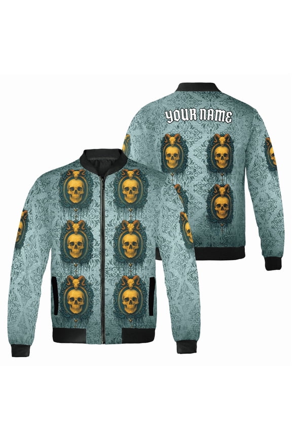 Custom Gothic Skull Bomber Jacket – Personalized Halloween Horror Jacket, Vintage Skull Design Outerwear, Unisex Spooky Streetwear