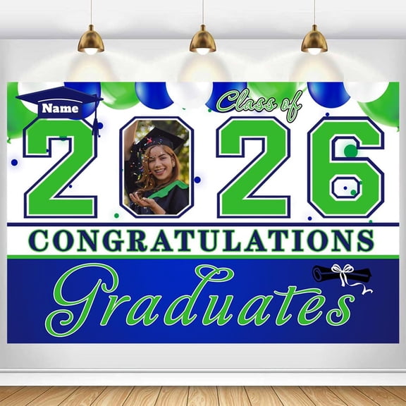 Custom Graduation Backdrop Banner Large Congrats Grad Party Supplies Decorations Photography Background for 2026 Graduation Party 8x4FT Navy Blue