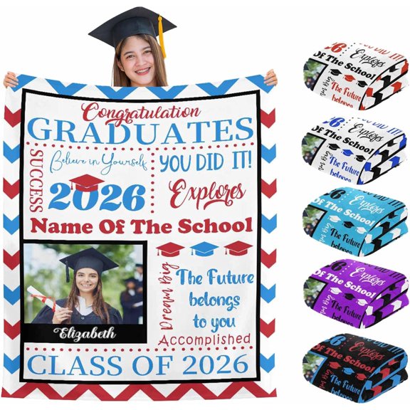 Custom Graduation Gifts Blanket with Text Personalized Class of 2026 Graduation Blankets Customized Throw Blanket Graduation Gift for Her Him High School College 50" X 60" White Blue