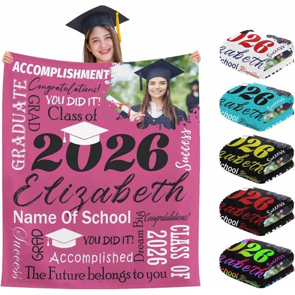 Custom Graduation Gifts Blanket with Text Personalized Class of 2026 Graduation Blankets Customized Throw Blanket Graduation Gift for Her Him High School College 50" X 60" Pink