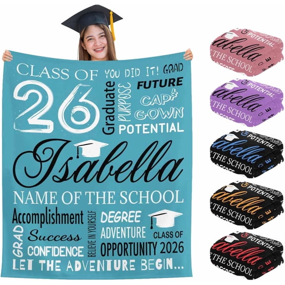 Custom Graduation Gifts Blanket with Text Personalized Class of 2026 Graduation Blankets Customized Throw Blanket Graduation Gift for Her Him High School College 50" X 60" Blue
