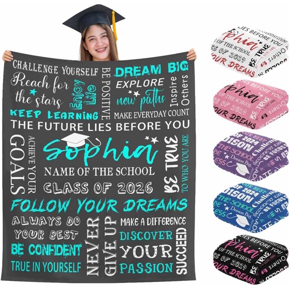 Custom Graduation Gifts Blanket with Text Personalized Class of 2026 Graduation Blankets Customized Throw Blanket Graduation Gift for Her Him School College 50" X 60" Grey Blue