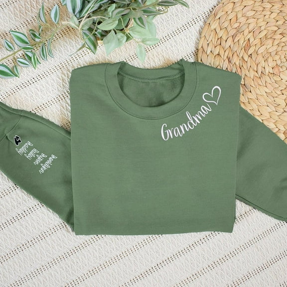 Custom Grandma Embroidered Sweatshirt With Grandkids Names On The Sleeve Gift For Mom Grandma