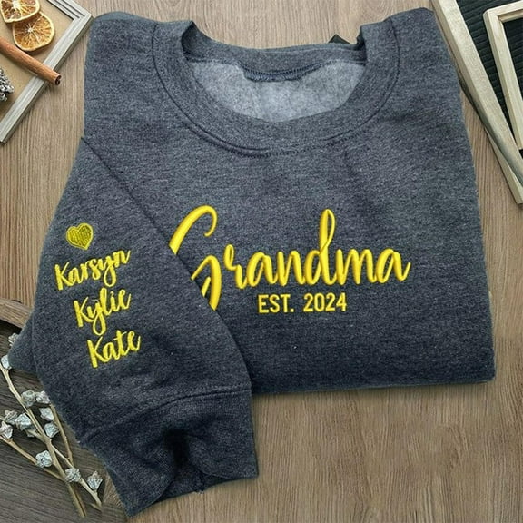 Custom Grandma Embroidered Sweatshirt with Names on Sleeve For Mother's Day