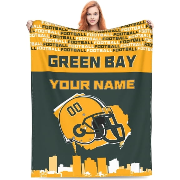 Custom Green Bay Blanket Personalized Throw Blankets Name and Number for Men Women Boy Football Style Decor Gifts