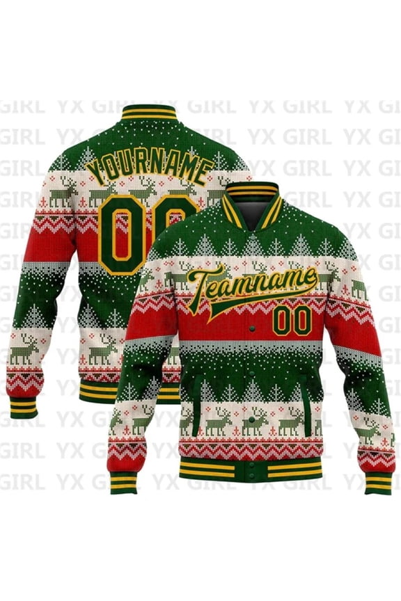 Custom Green Gold Christmas Reindeers 3D Bomber Full-Snap Varsity Letterman Jacket 3D Base