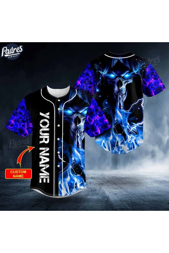 Custom Grim Reaper Prayer Blue Fire Baseball Jersey