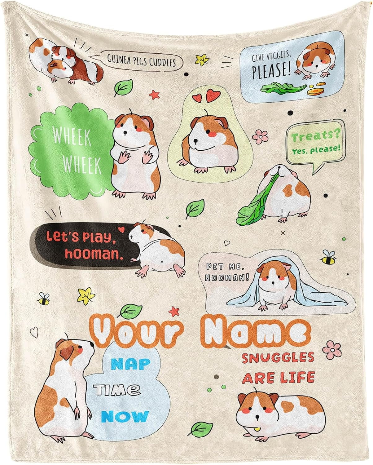 Custom Guinea Pig Blanket for Human, 50" x 40" Flannel Cute Guinea