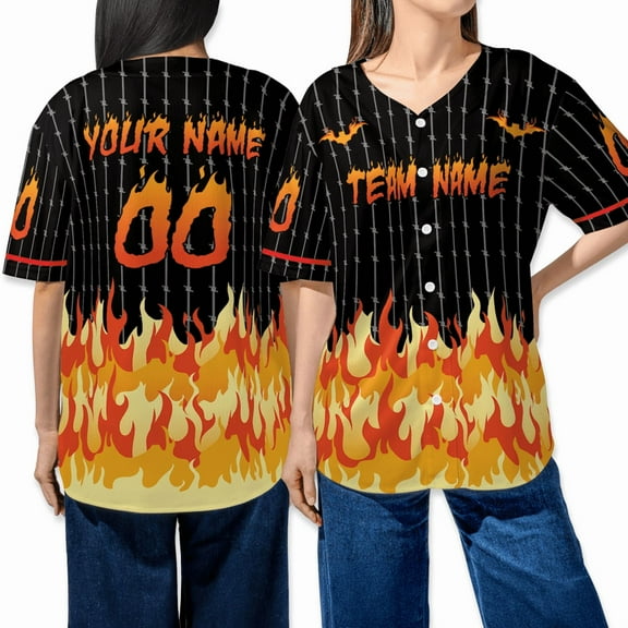 Custom Halloween Baseball Jersey - Personalized Name & Number Shirt with Flame & Barbed Wire Gothic Design
