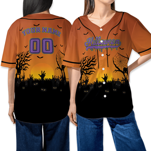 Custom Halloween Baseball Jersey – Personalized Name & Number – Spooky Graveyard Zombie Shirt – Unisex Holiday Costume Tee
