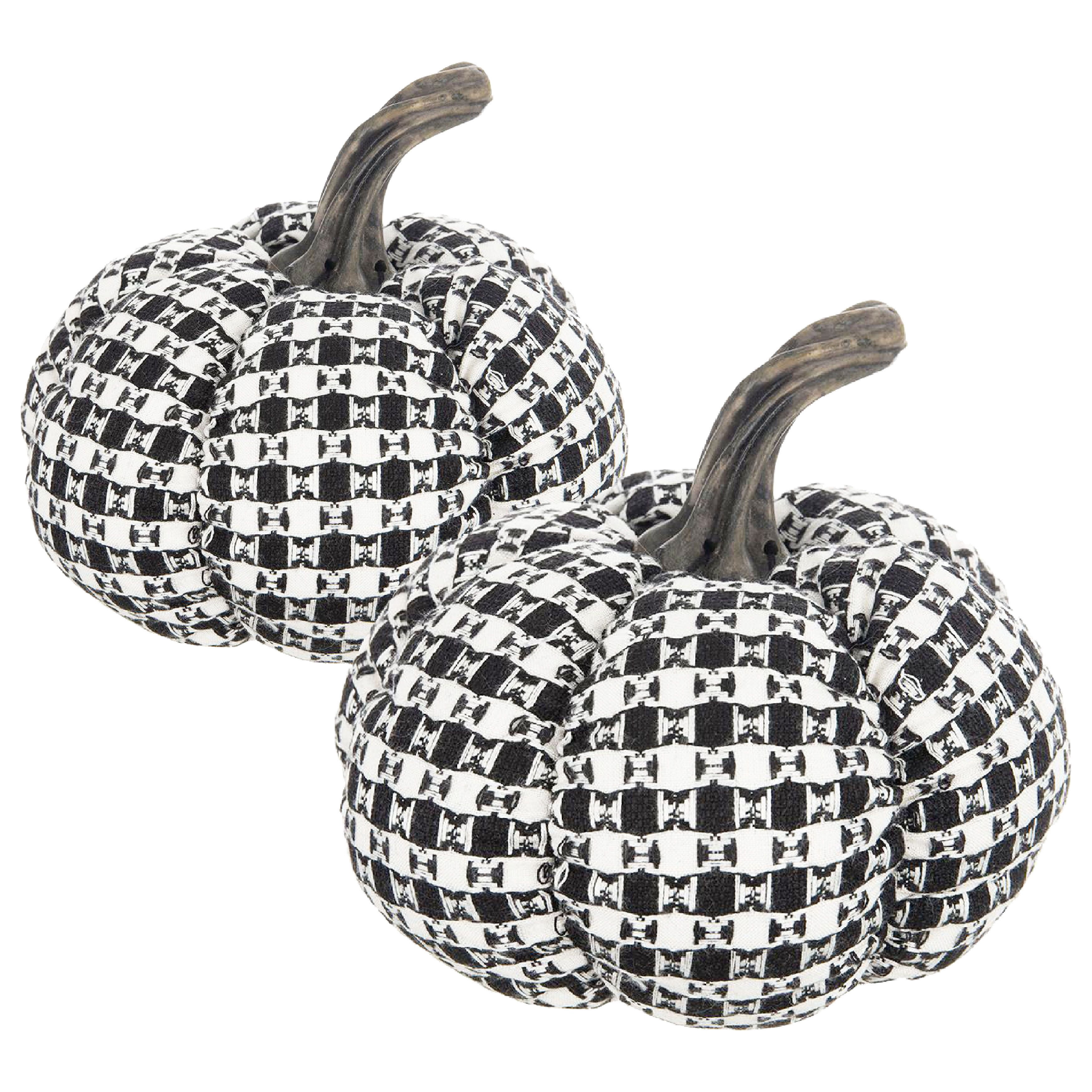 Set of 2 7x7x6.7IN Fabric Black-White Plaid Pumpkin Decor for Farmhouse Indoor Tabletop Display