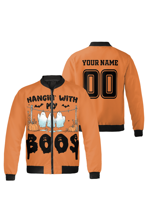 Custom Halloween Bomber Jacket – "Hangin' With My Boos" Ghost Design, Personalized Name & Number, Unisex Fall Outfit