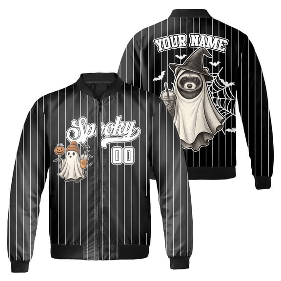 Custom Halloween Bomber Jacket – Spooky Cute Ghost & Raccoon Design – Personalized Name Fall Outerwear for Men & Women