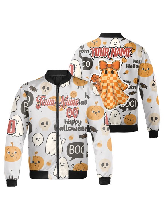 Custom Halloween Bomber Jacket for Teams or Individuals – Personalized Name Cute Ghost Pumpkin Boo Design – Funny Spooky Fall Outerwear for Halloween Parties and Events