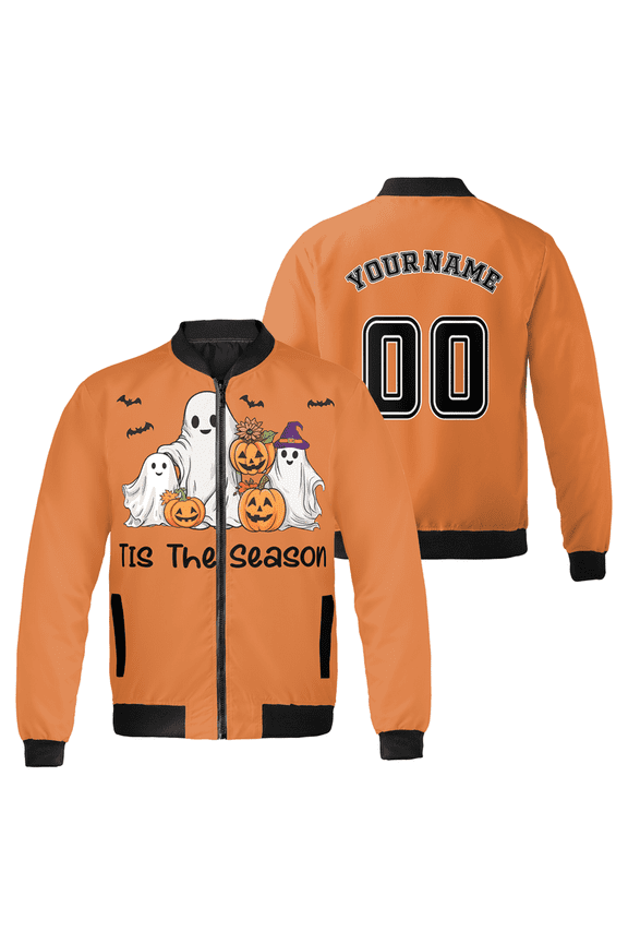 Custom Halloween Bomber Jacket – "Tis The Season" Ghost & Pumpkin Design, Personalized Name & Number, Unisex Fall Outfit