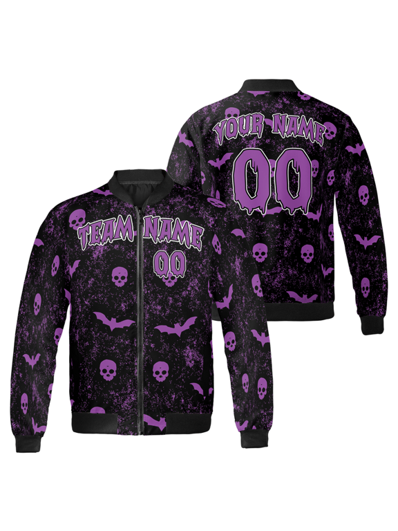 Custom Halloween Team Bomber Jacket – Purple Skull & Bat Print – Personalized Name & Number – Gothic Spooky Jacket for Groups & Events