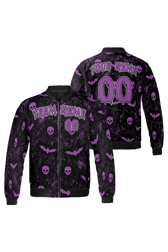 Custom Halloween Team Bomber Jacket – Purple Skull & Bat Print – Personalized Name & Number – Gothic Spooky Jacket for Groups & Events