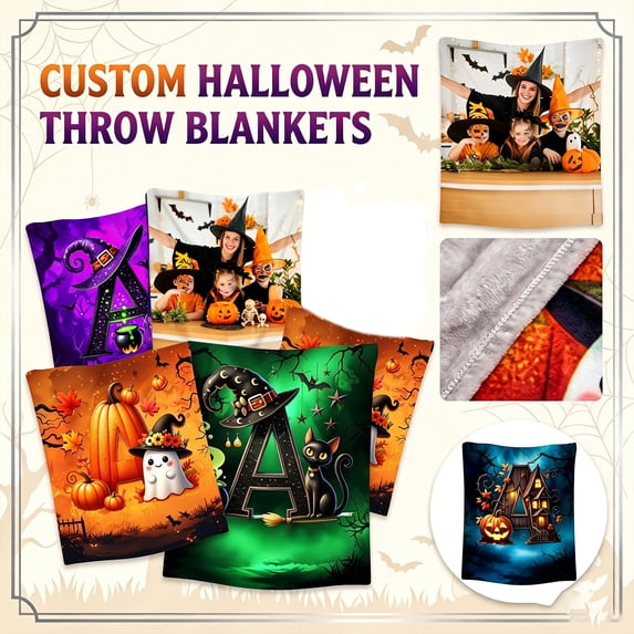 Custom Halloween Throw Blanket 60"×78", Personalized Photo & Letter Print Soft Fleece Blanket, Spooky Holiday Decor for Bed & Sofa (C ,60"×78")