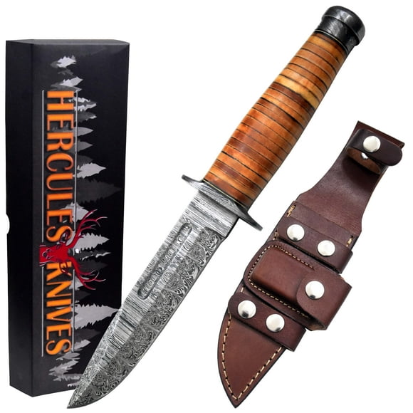 Custom Hand Forged Damascus Steel Camping Hunting Knife Leather Handle with leather sheath