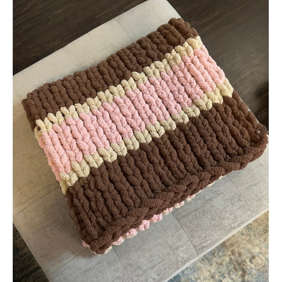 Custom Hand-Knit Chunky Throw Blanket | Brown, Beige & Pink | Ultra Soft & Cozy