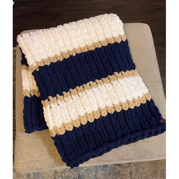 Custom Hand-Knit Chunky Throw Blanket | Navy, White & Beige | Ultra Soft & Cozy
