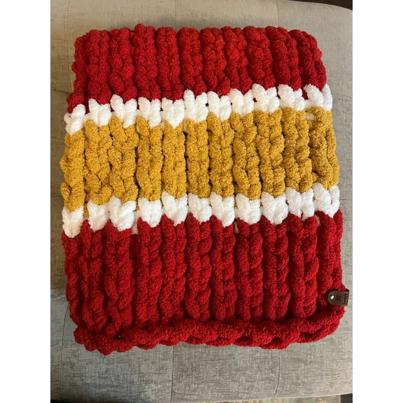 Custom Hand-Knit Chunky Throw Blanket | Red, White & Gold | Ultra Soft & Cozy