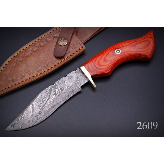 Custom Hand Made Forged Damascus Hunting Knife Pure Leather Sheath & Brass Guard with Stained Wood Handle